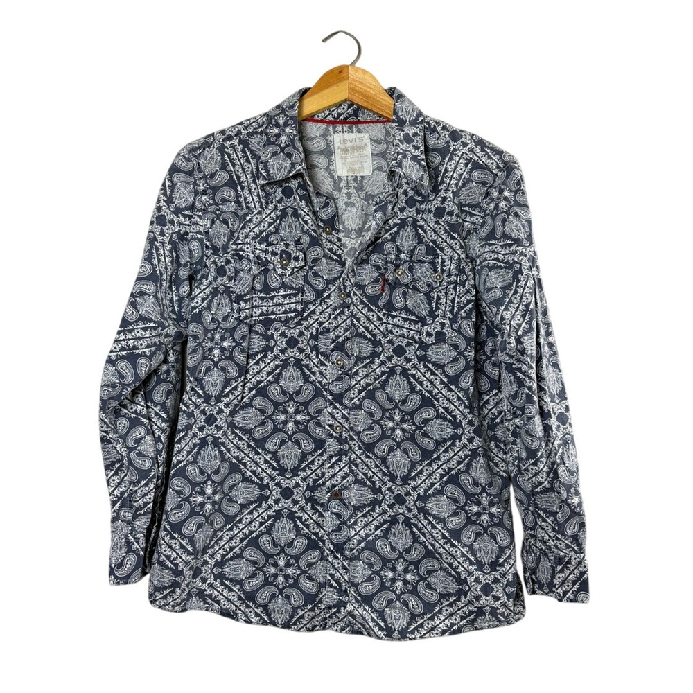 Women's Blue and White Levi's Button Up Shirt L